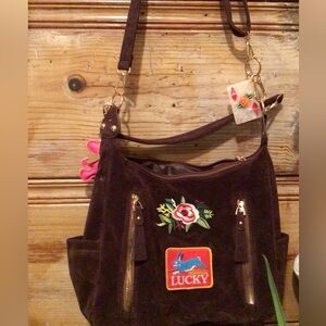 NEW! Upcycled faux suede Brown Embroidered Women's Bag